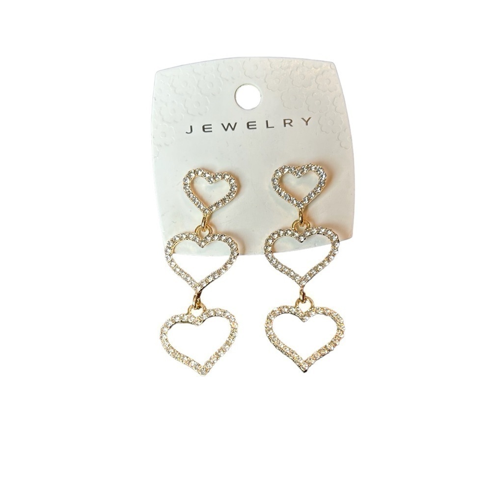 Heart Trio Rhinestone Goldtone Pierced Post Drop Earrings - Picture 8 of 8